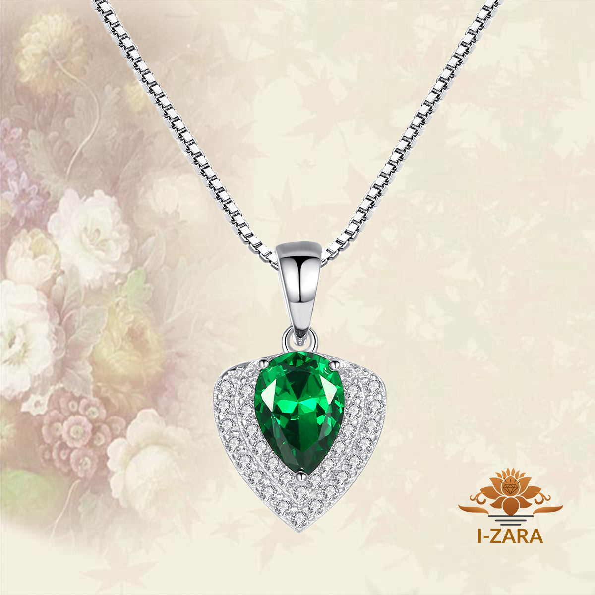 Women's Classic Rhodium Plated Pear Heart Emerald Gemstone Necklace