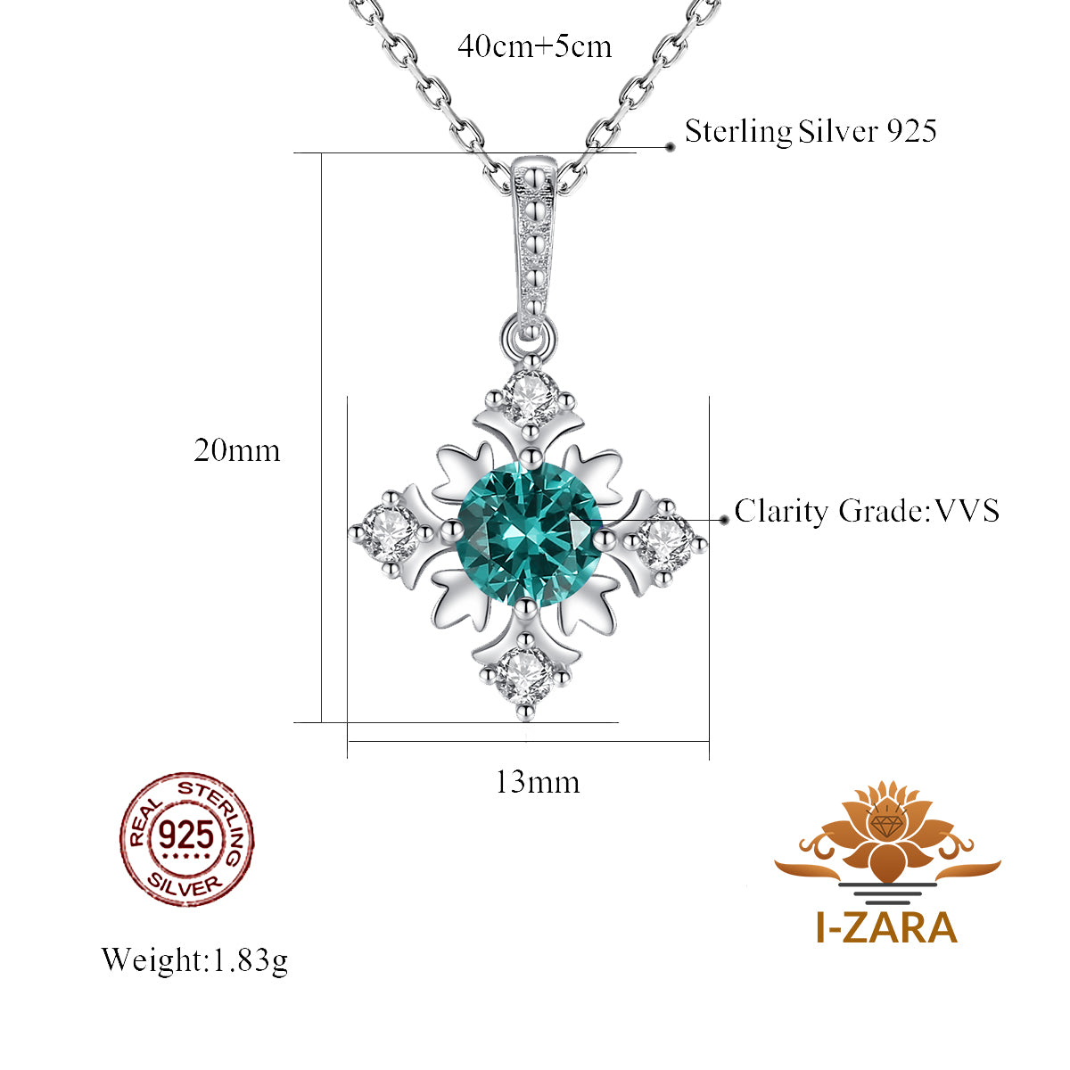 Rhodium Plated 925 Sterling Silver Snowflake Emerald Gemstone Necklace