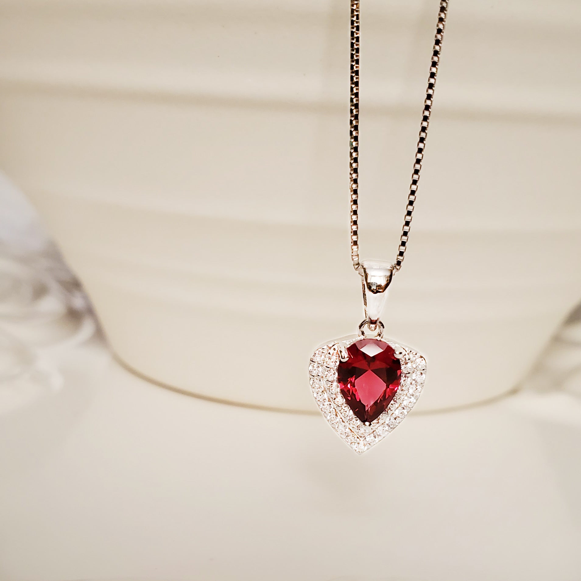 Women's Classic Rhodium Plated Pear Heart Ruby Gemstone Necklace