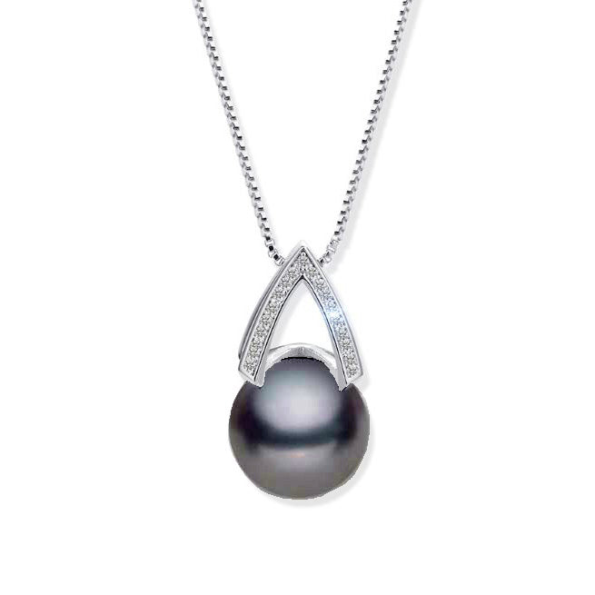 Platinum Plated 925 Sterling Silver Pyramid Shaped Black Pearl Pendant